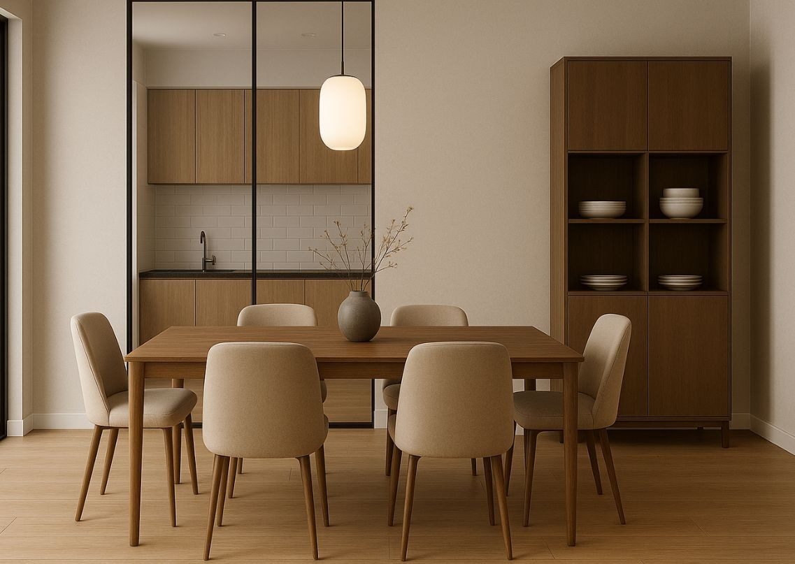 Dining room with wooden table and beige chairs - Beautiful Homes