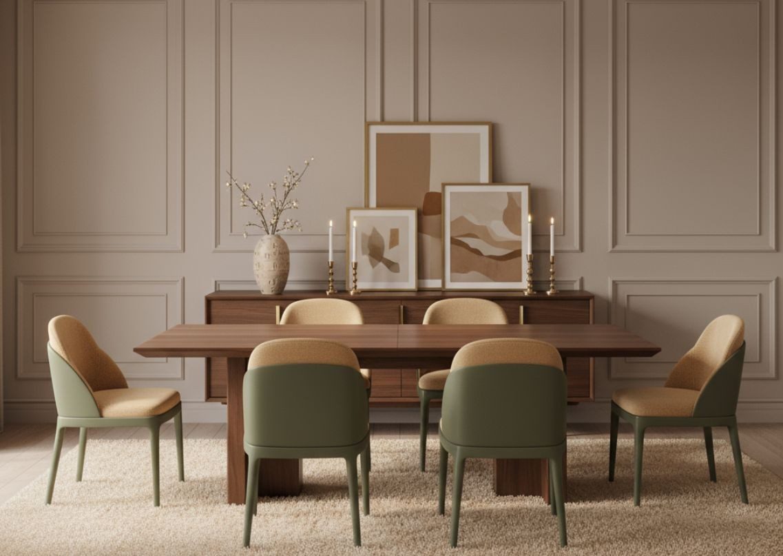 Dining room with wooden table and glass cabinet - Beautiful Homes