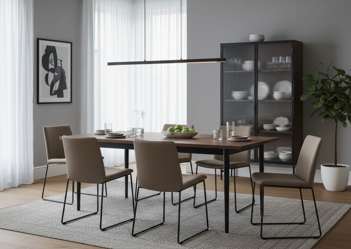 Modern dining room with wooden table and neutral chairs - Beautiful Homes