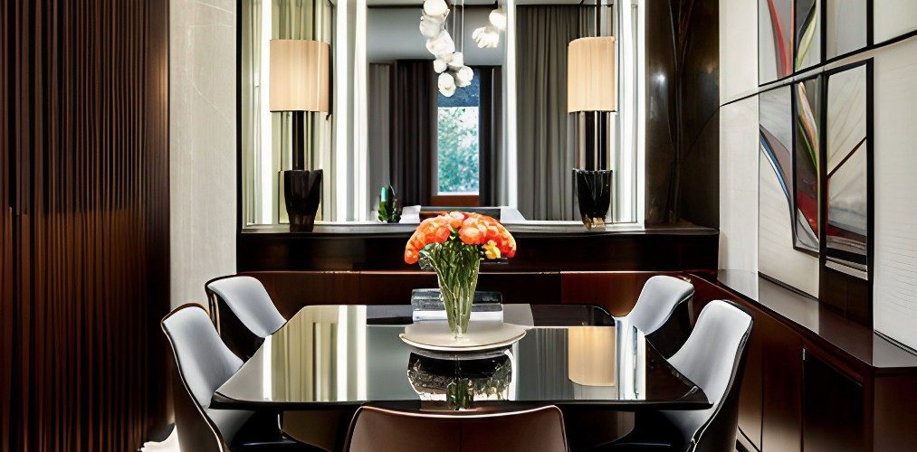 Contemporary dining room with mirror panelled wall-Beautiful Homes