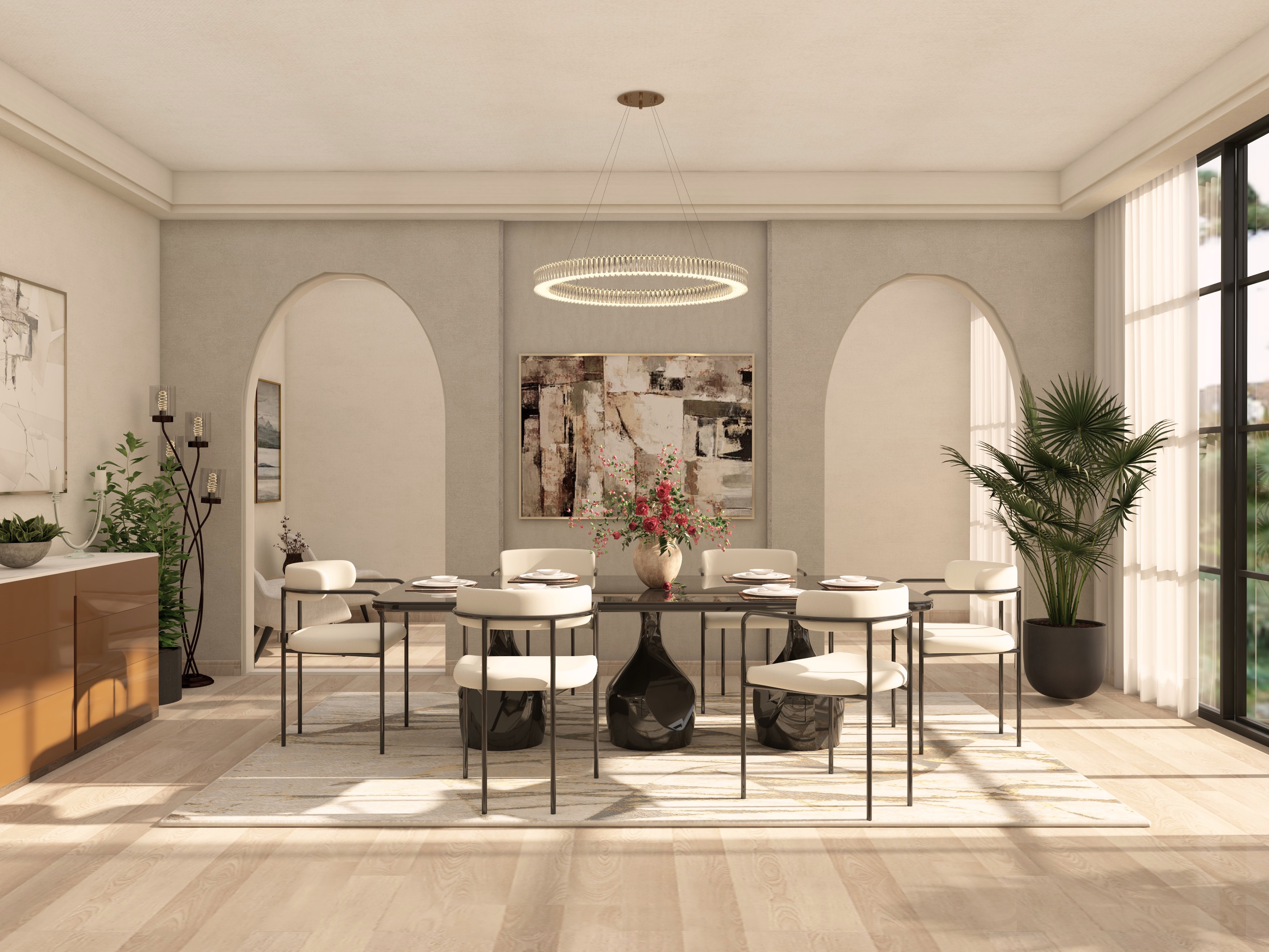 Contemporary dining room with Nilaya lLuxe black dining table and white upholstered chairs - Beautiful Homes