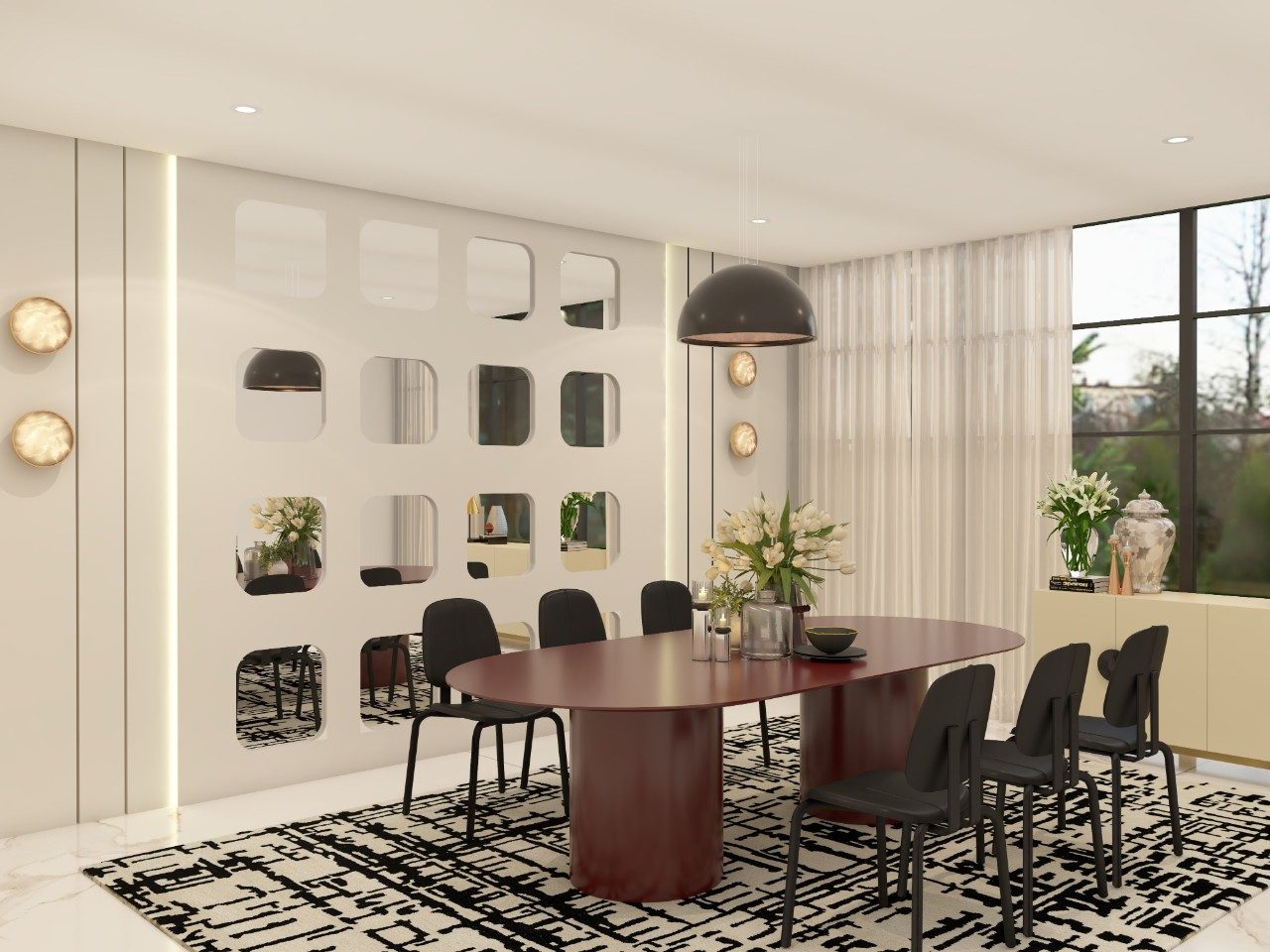 Contemporary dining room with Nilaya Luxe wooden dining table and black upholstered chair - Beautiful Homes