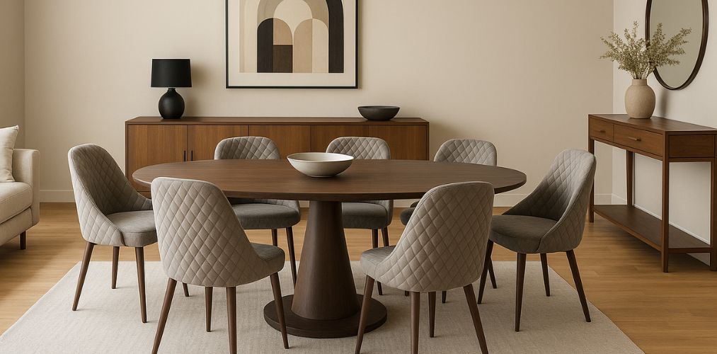 Dining room with round wooden table and grey chairs - Beautiful Homes