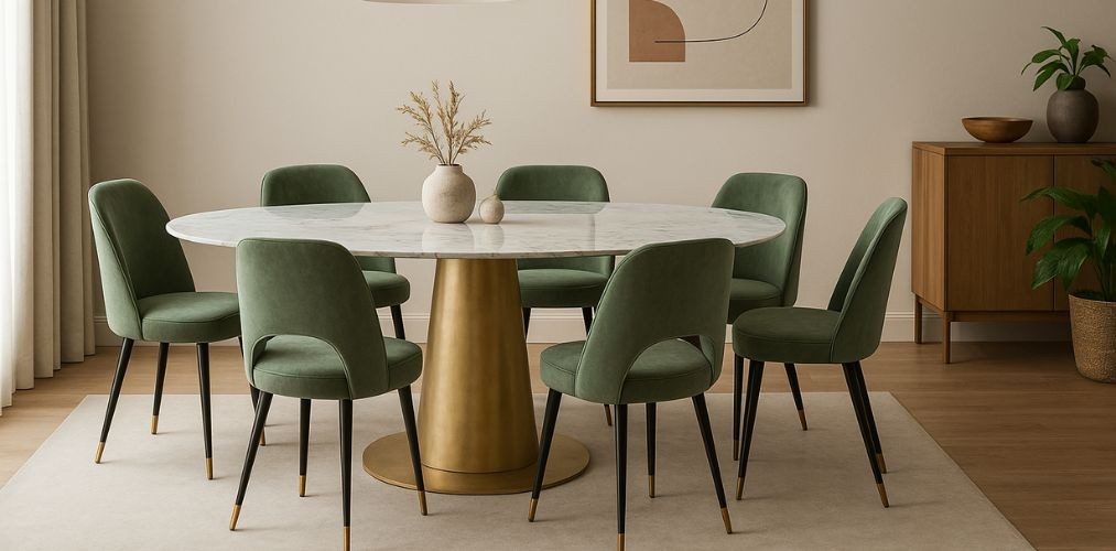 Dining room with marble table and green chairs - Beautiful Homes