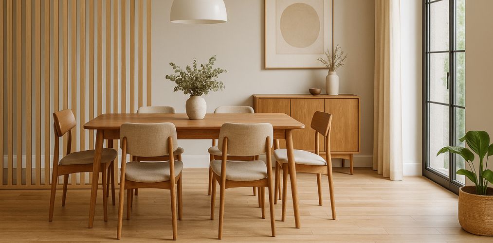 Dining room with wooden table and chairs setup - Beautiful Homes