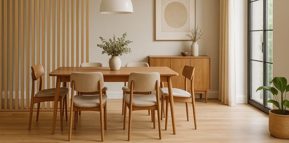 Dining room with wooden table and chairs setup - Beautiful Homes