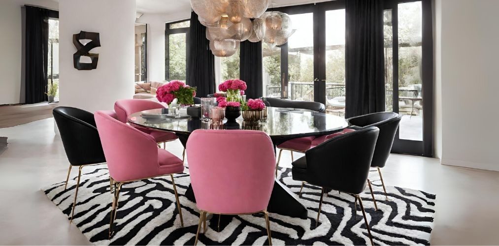 Contemporary dining room with pink and black chairs  -Beautiful Homes