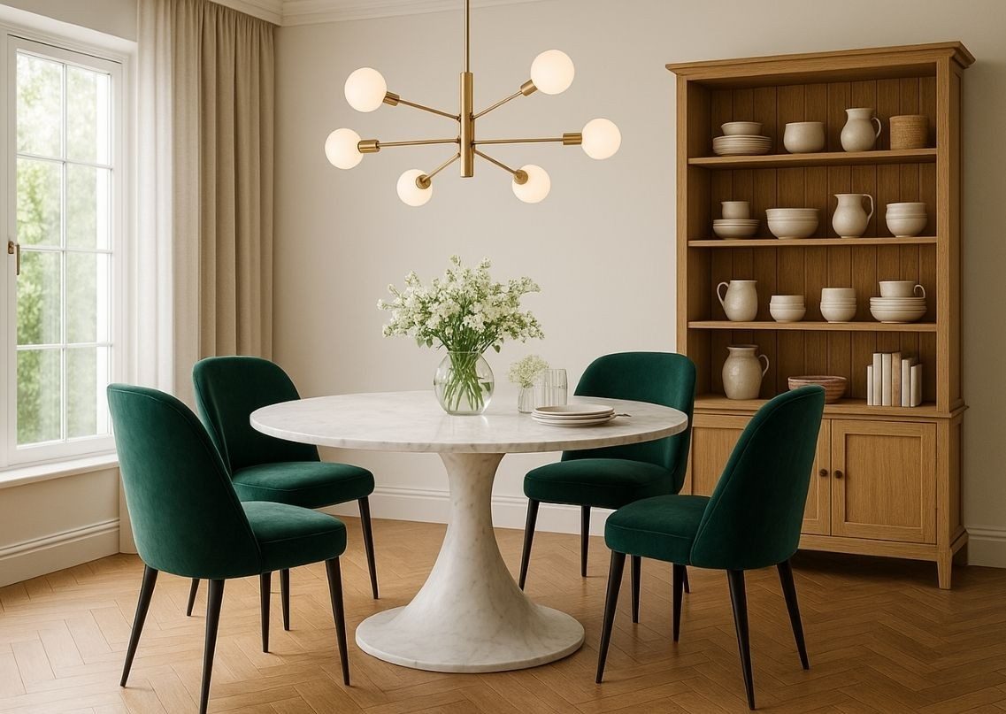 Dining room with marble table and green chairs - Beautiful Homes