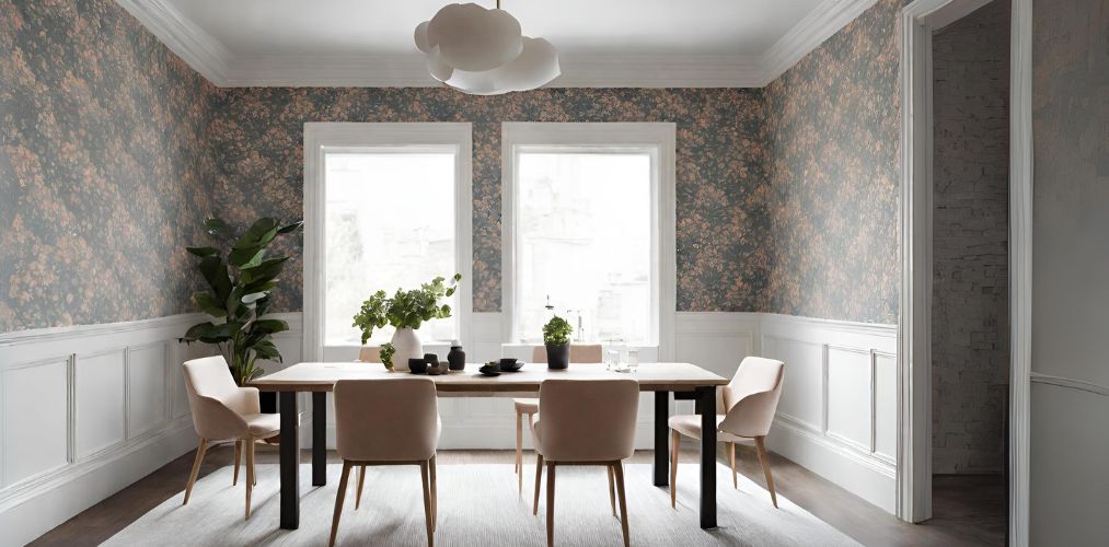 Contemporary dining room with wallpaper and plants-Beautiful Homes