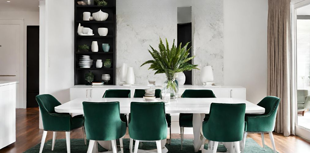Contemporary dining room with white table and dark green chairs - Beautiful Homes
