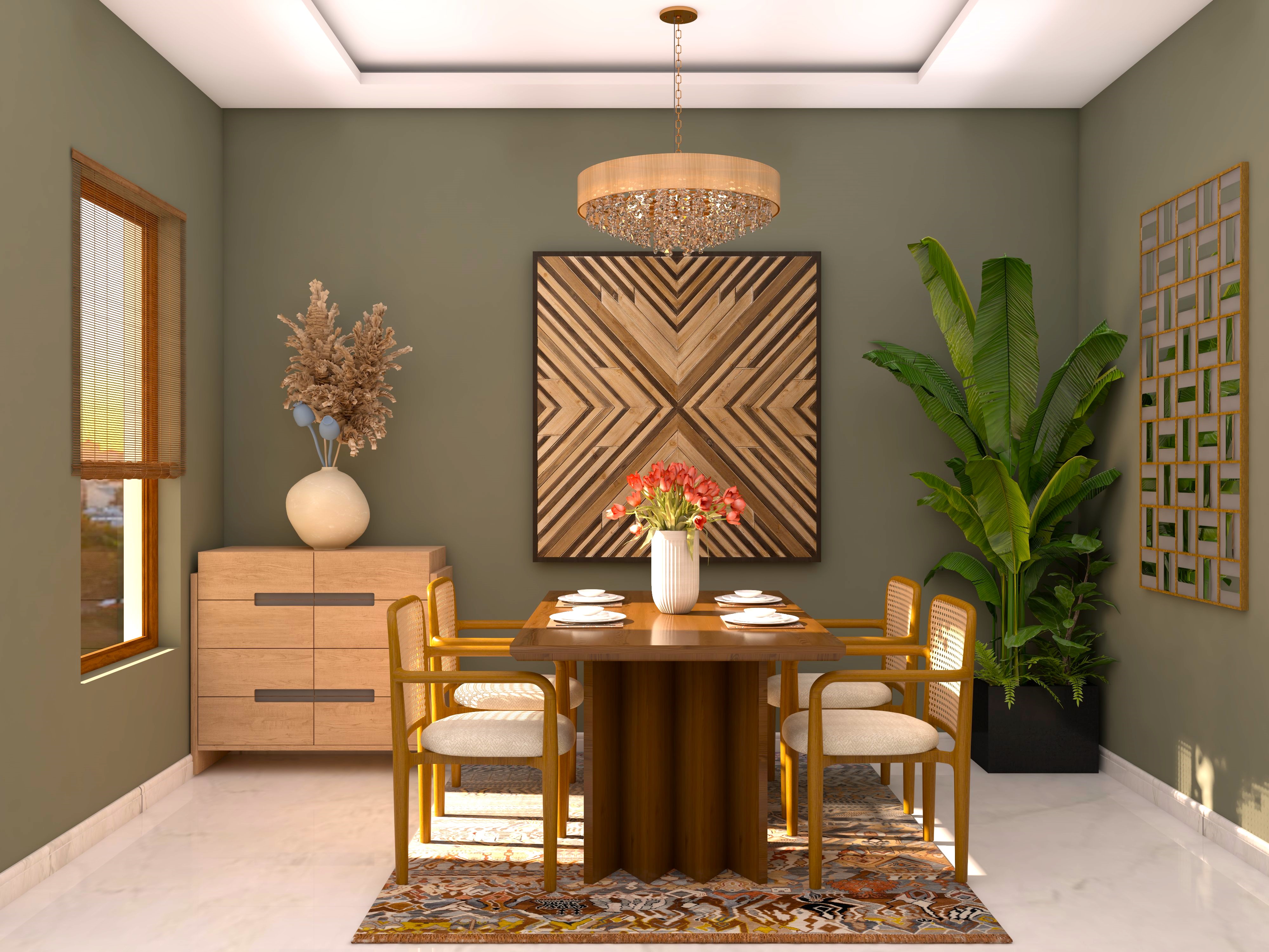 Contemporary dining room with wicker chairs and wooden dining table-Beautiful Homes