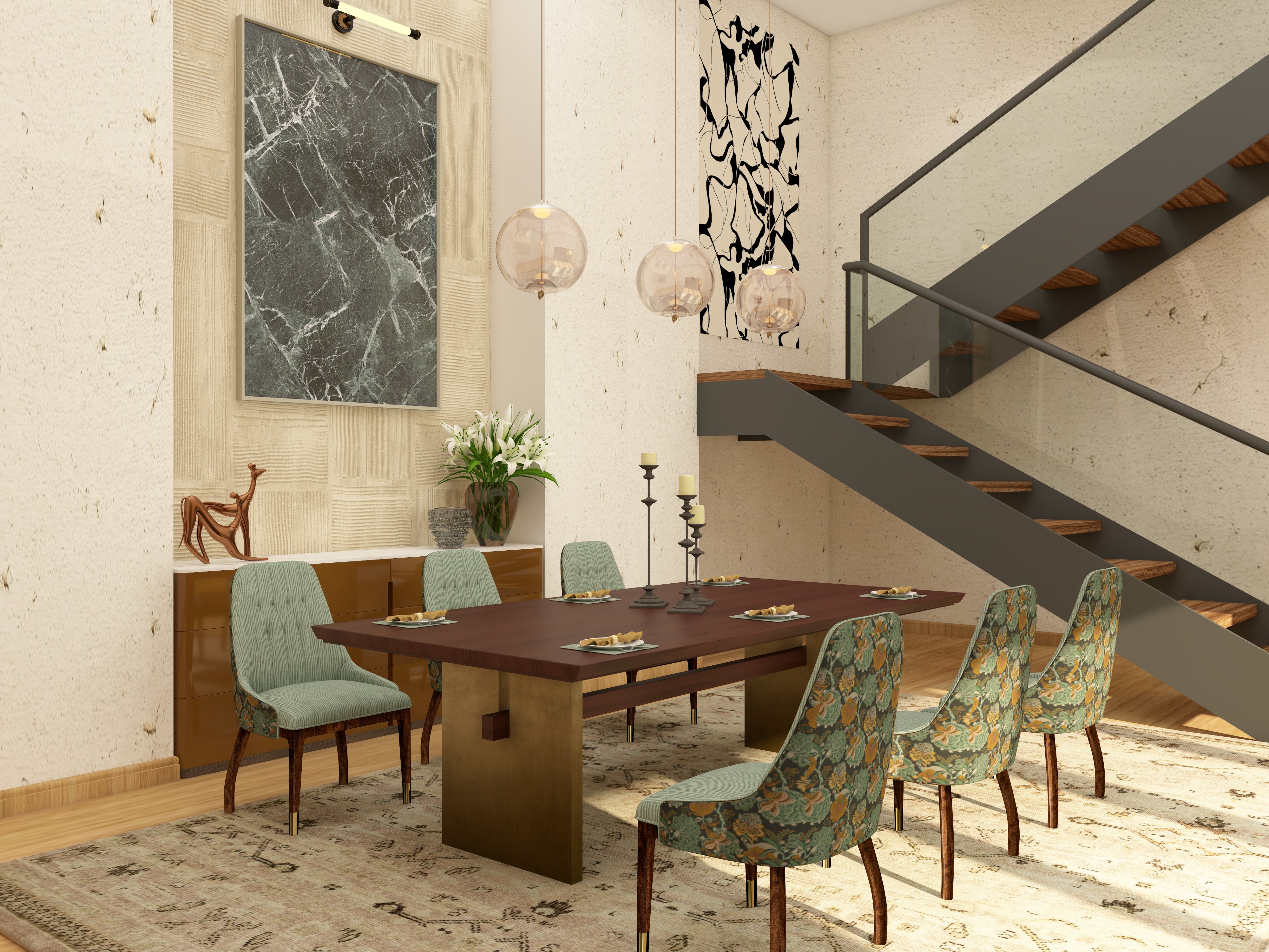 Dining room with wooden table and green chairs - Beautiful Homes