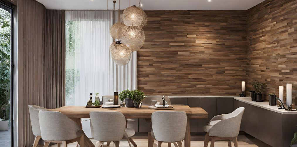 Contemporary dining room with wooden wall tiles - Beautiful Homes