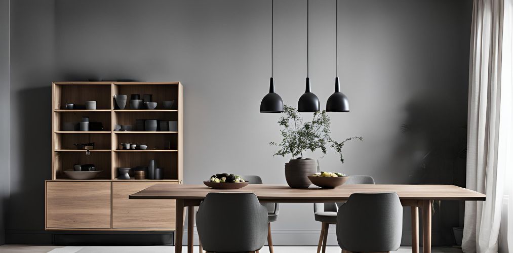 Contemporary grey and wood dining room with storage unit - Beautiful Homes