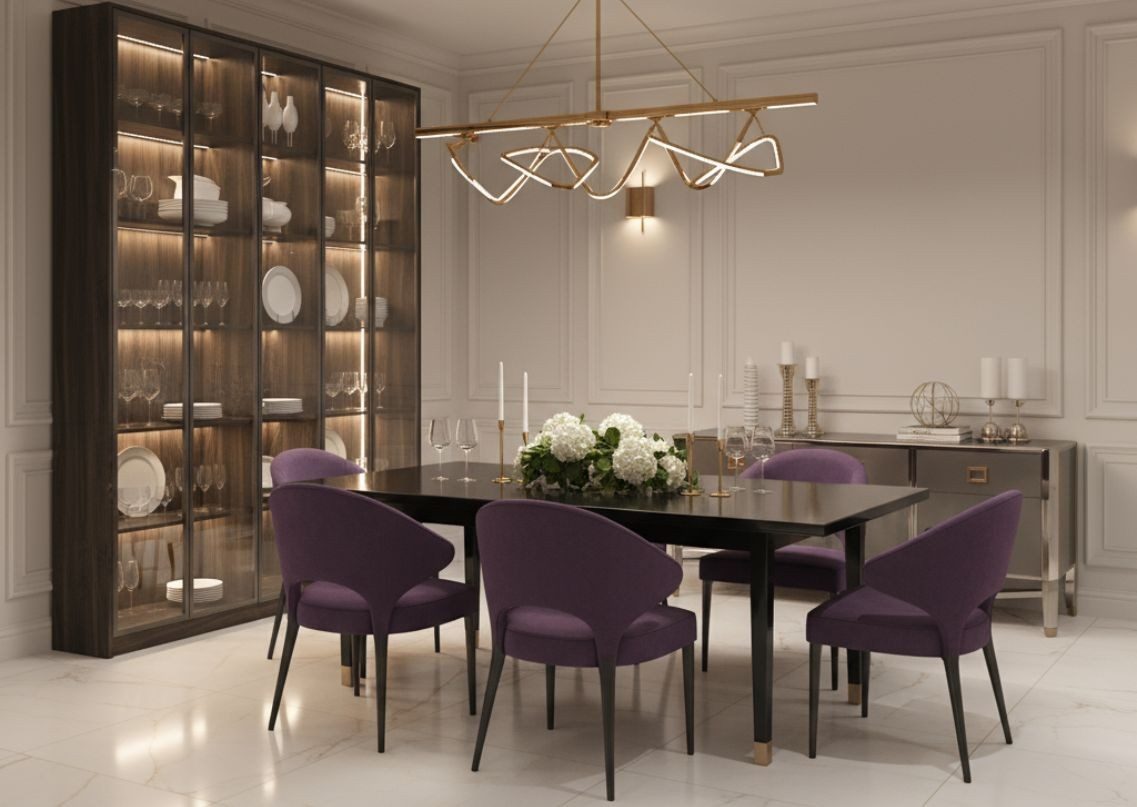 Dining room with marble table and purple chairs - Beautiful Homes