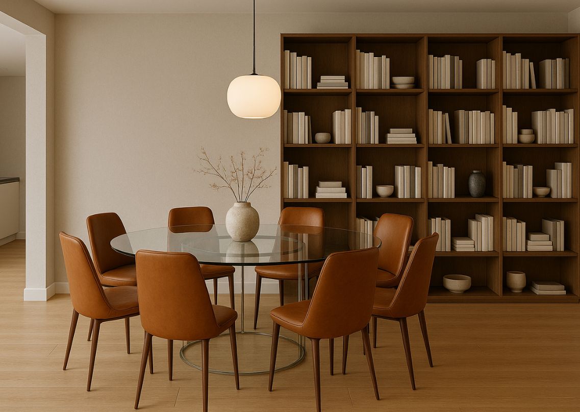 Dining area with glass table and leather chairs - Beautiful Homes