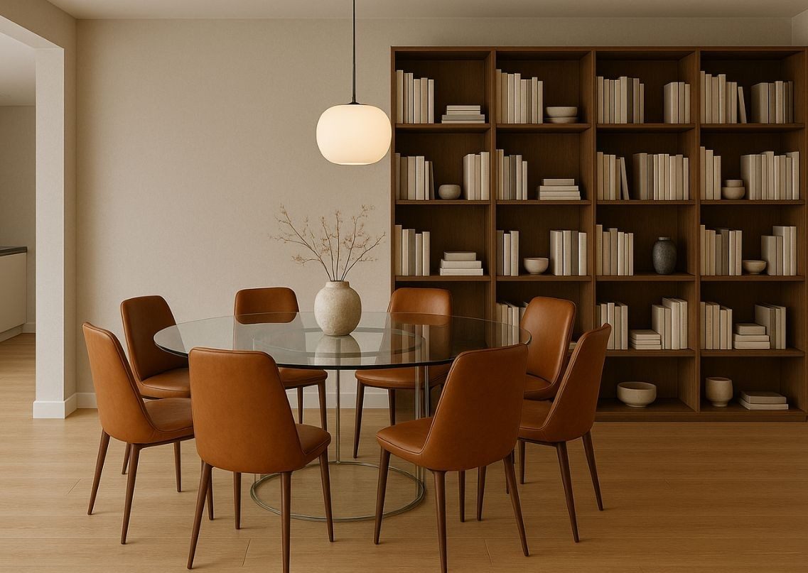 Dining area with glass table and leather chairs - Beautiful Homes