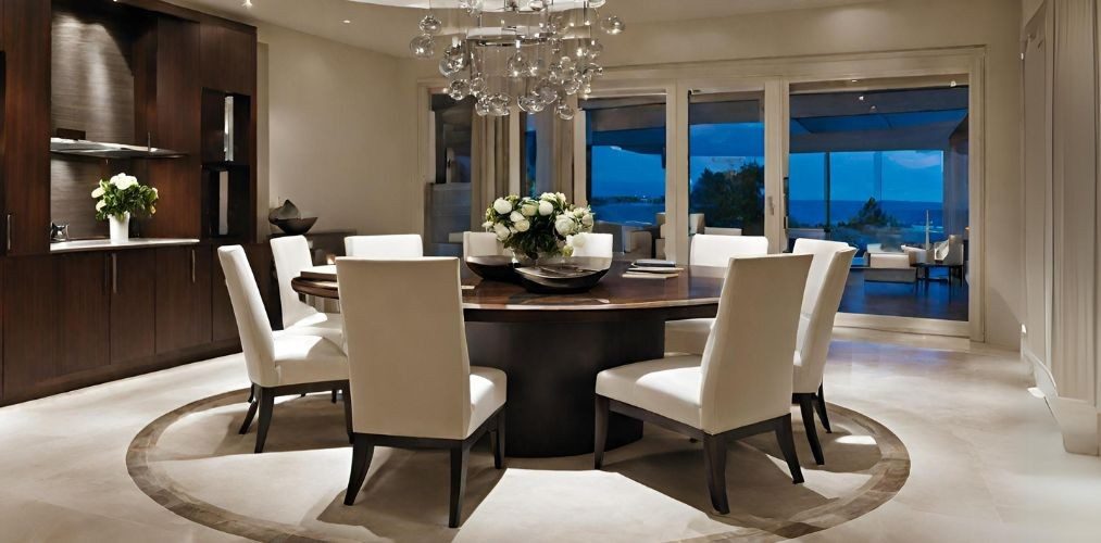 Contemporary round dining room with white chairs - Beautiful Homes