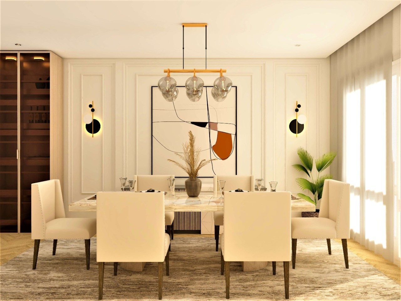 Contemporary six-seater dining room with marble countertop - Beautiful Homes