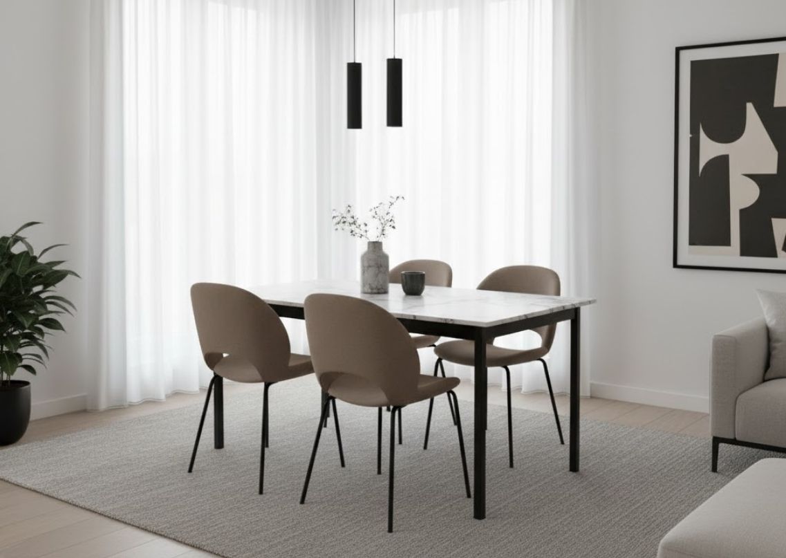 Round marble table with brown chairs in dining room - Beautiful Homes
