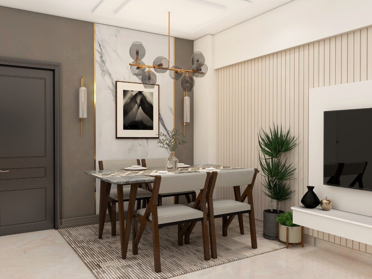 Corner marble dining table and wooden chairs with grey upholstery-Beautiful Homes