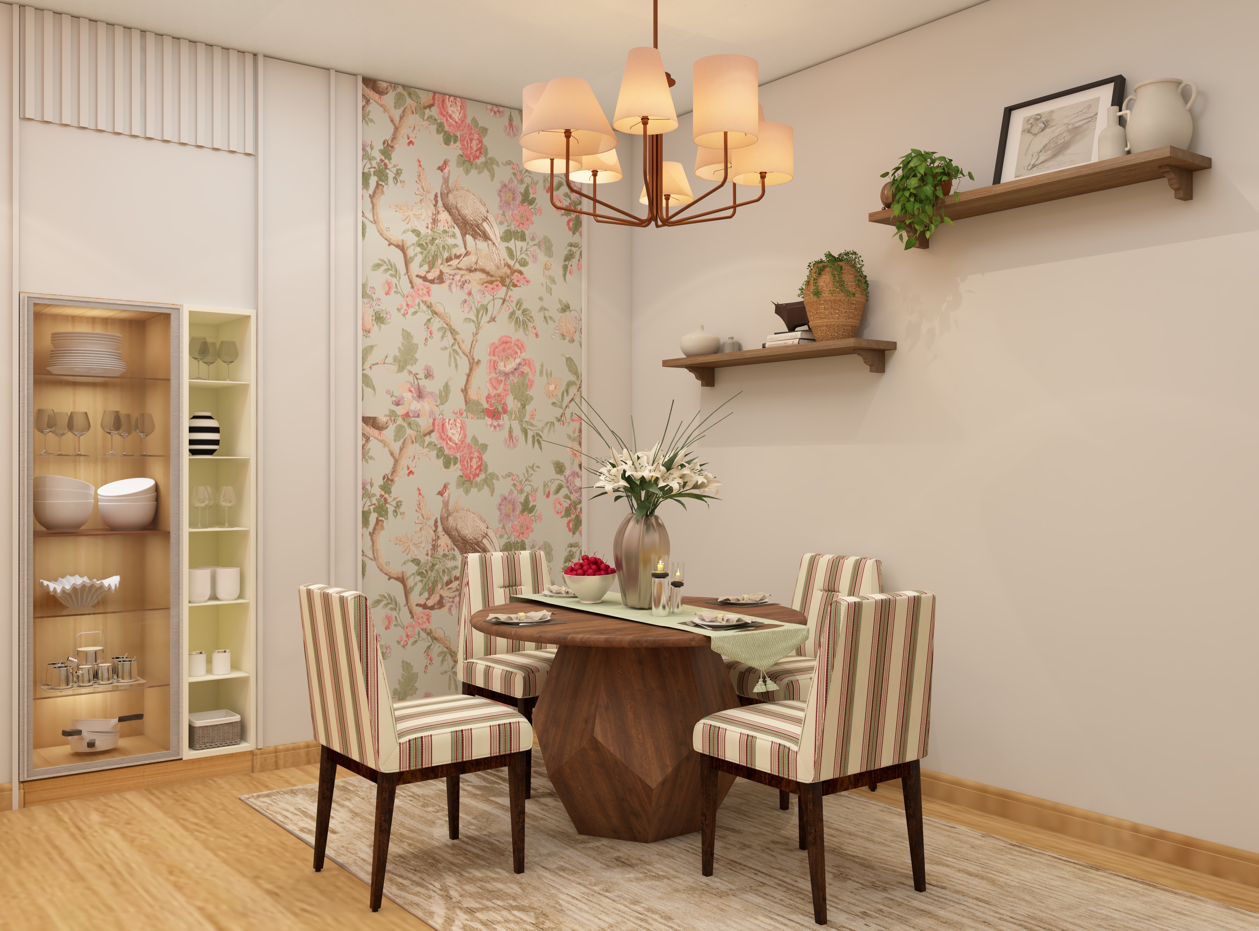 Corner round dining room with tropical wallpaper and striped upholstered chairs - Beautiful Homes