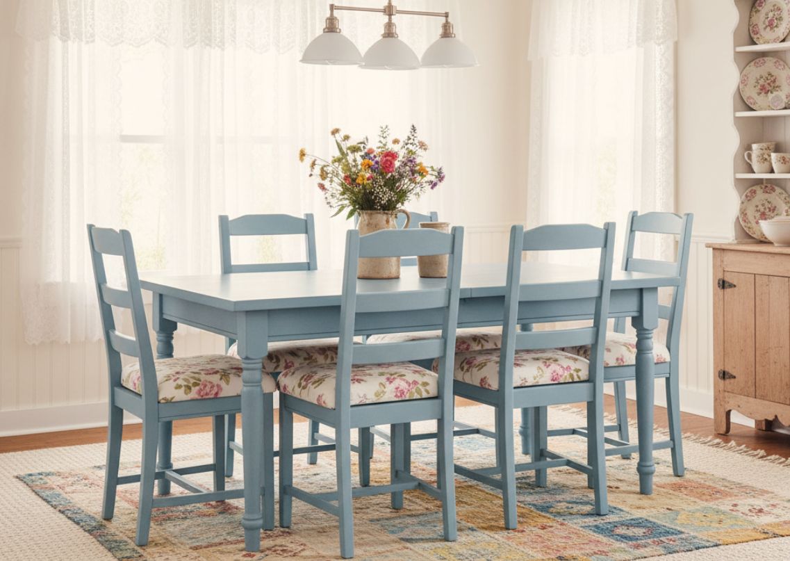 Blue dining table with floral chairs and cozy décor - Beautiful Homes