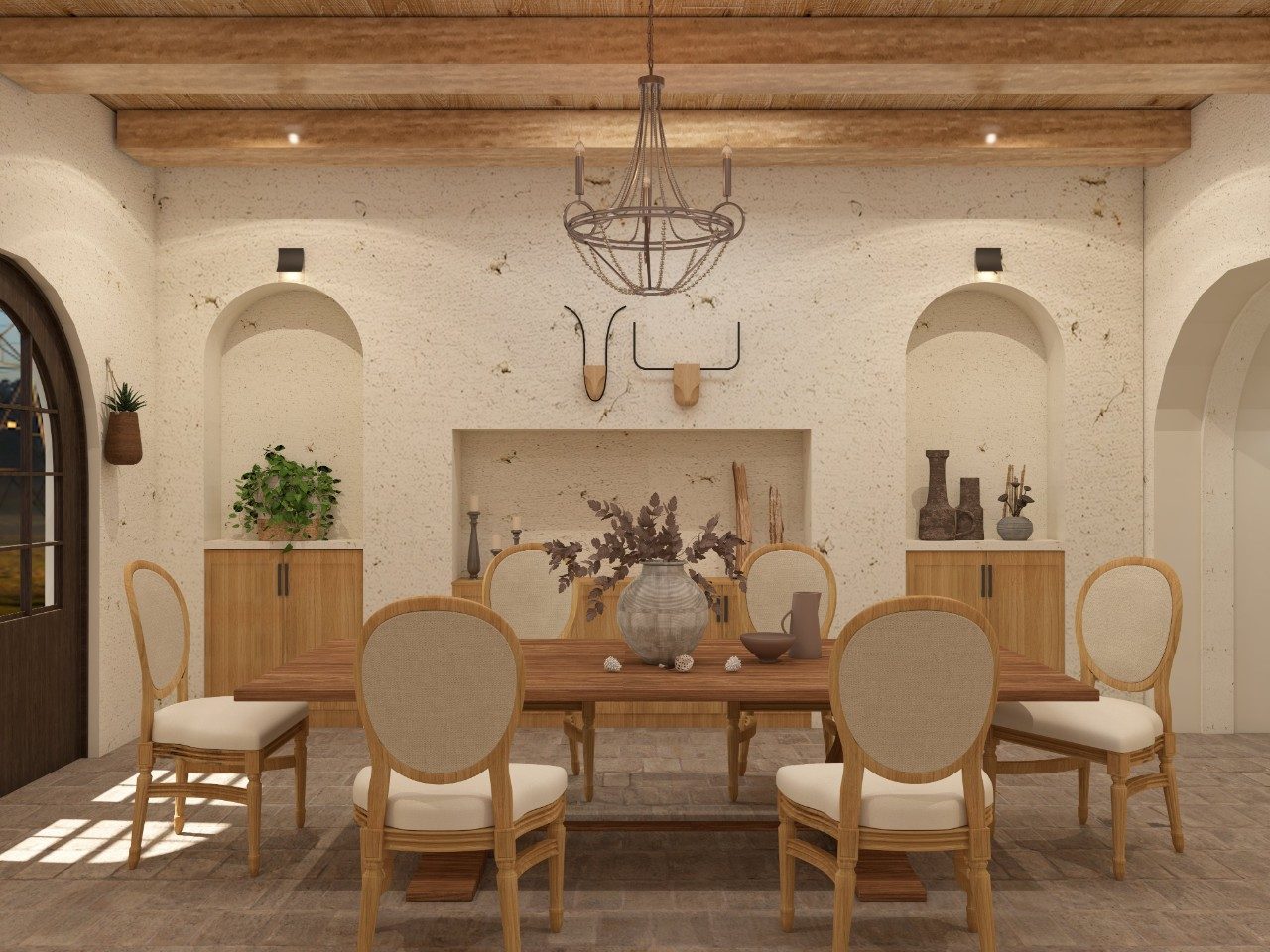 Country side rustic wooden dining area with Asian Paints textured paint - Beautiful Homes