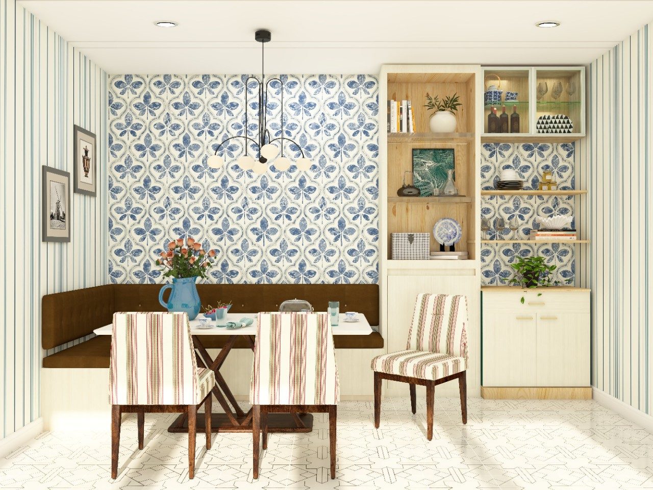 Countryside dining room with upholstered bench and white dining table - Beautiful Homes