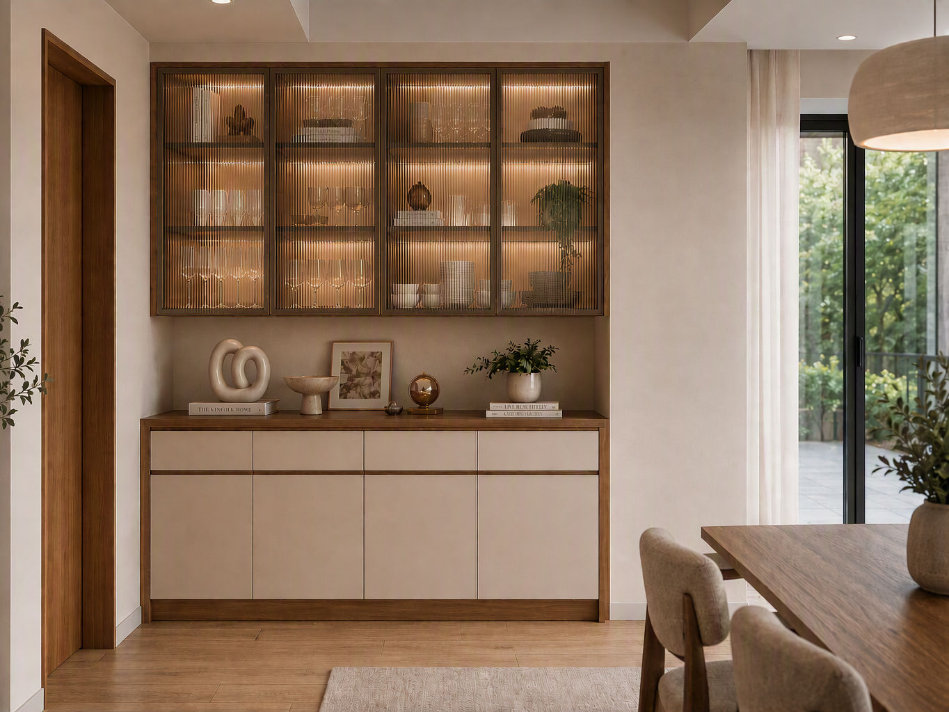Modern wall-mounted crockery unit with fluted glass doors and warm LED strip lighting above a beige sideboard console - Beautiful Homes
