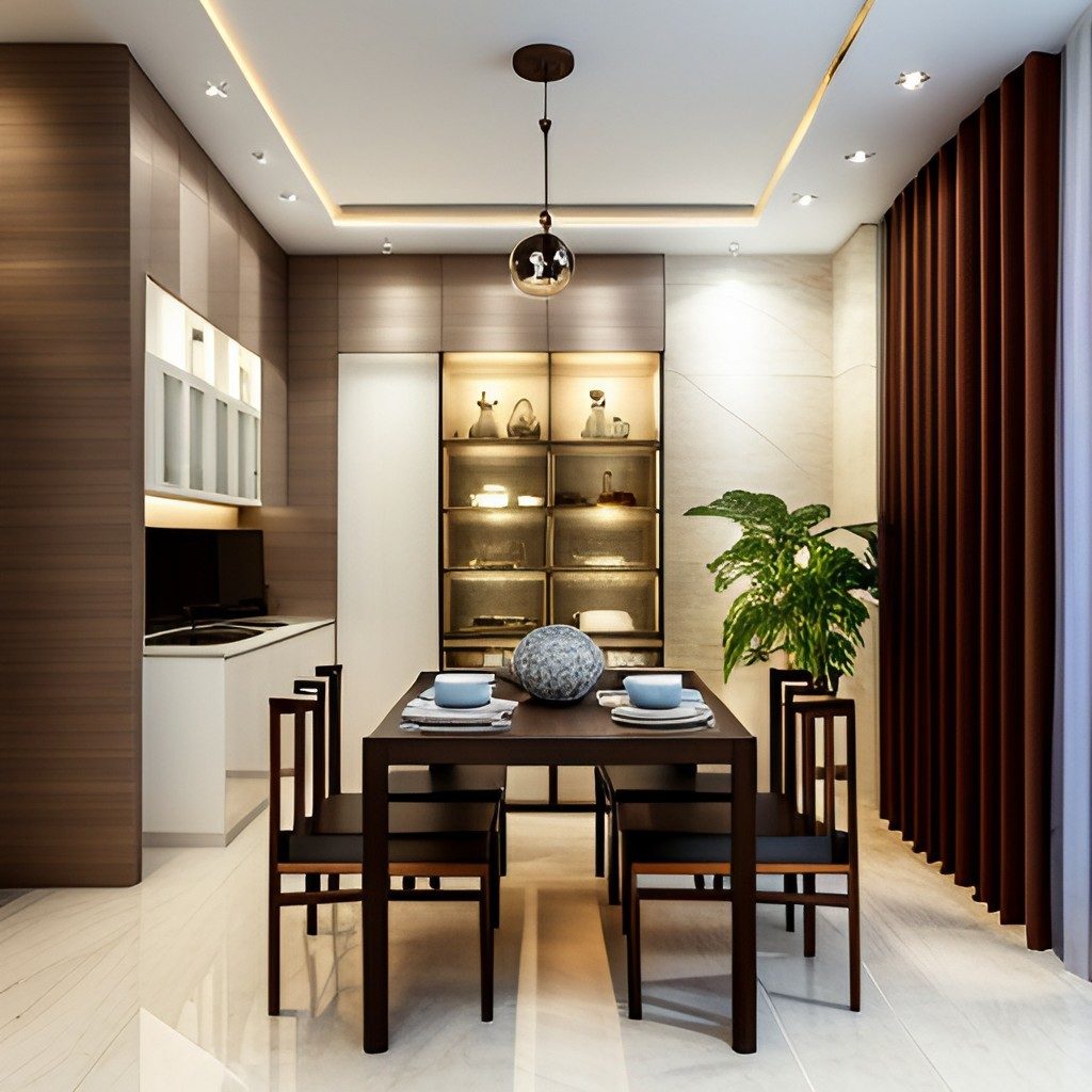 Brown theme Dining Room with Crockery Unit - Beautiful Homes