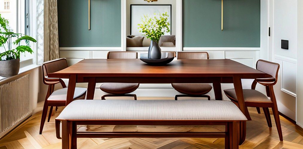 Dining room design with wooden dining chairs and bench-Beautiful Homes