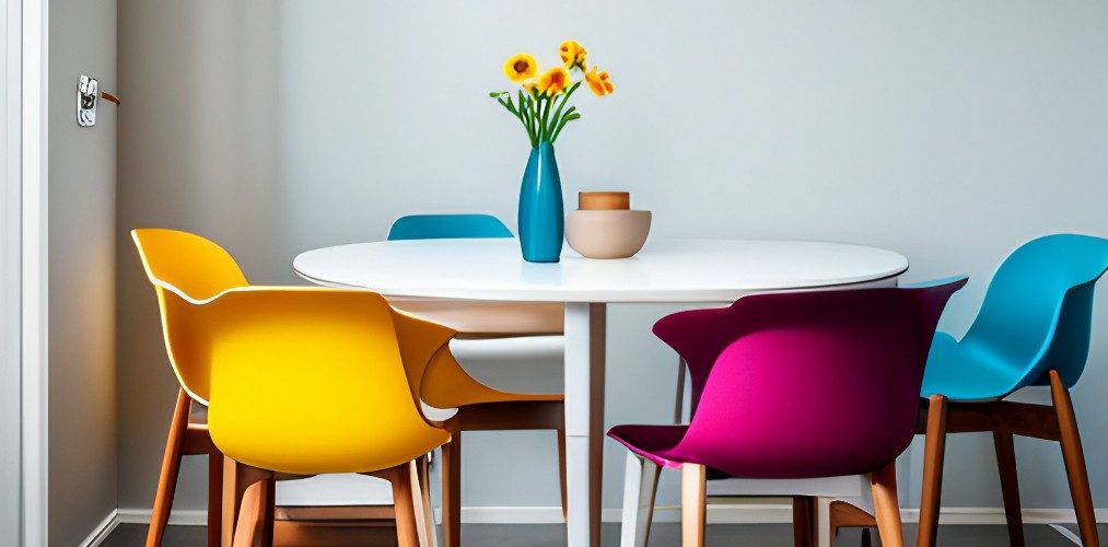 Dining room design with colorful plastic chairs-Beautiful Homes