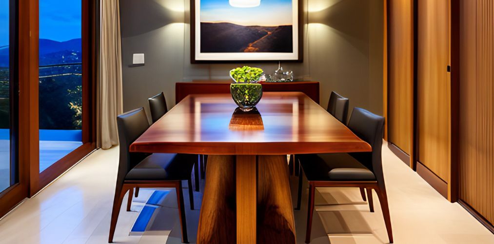 Teak wood dining table and black chairs-Beautiful Homes