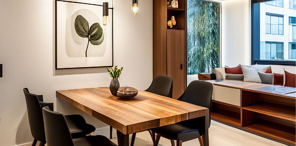 Wooden wall dining table with black chairs-Beautiful Homes