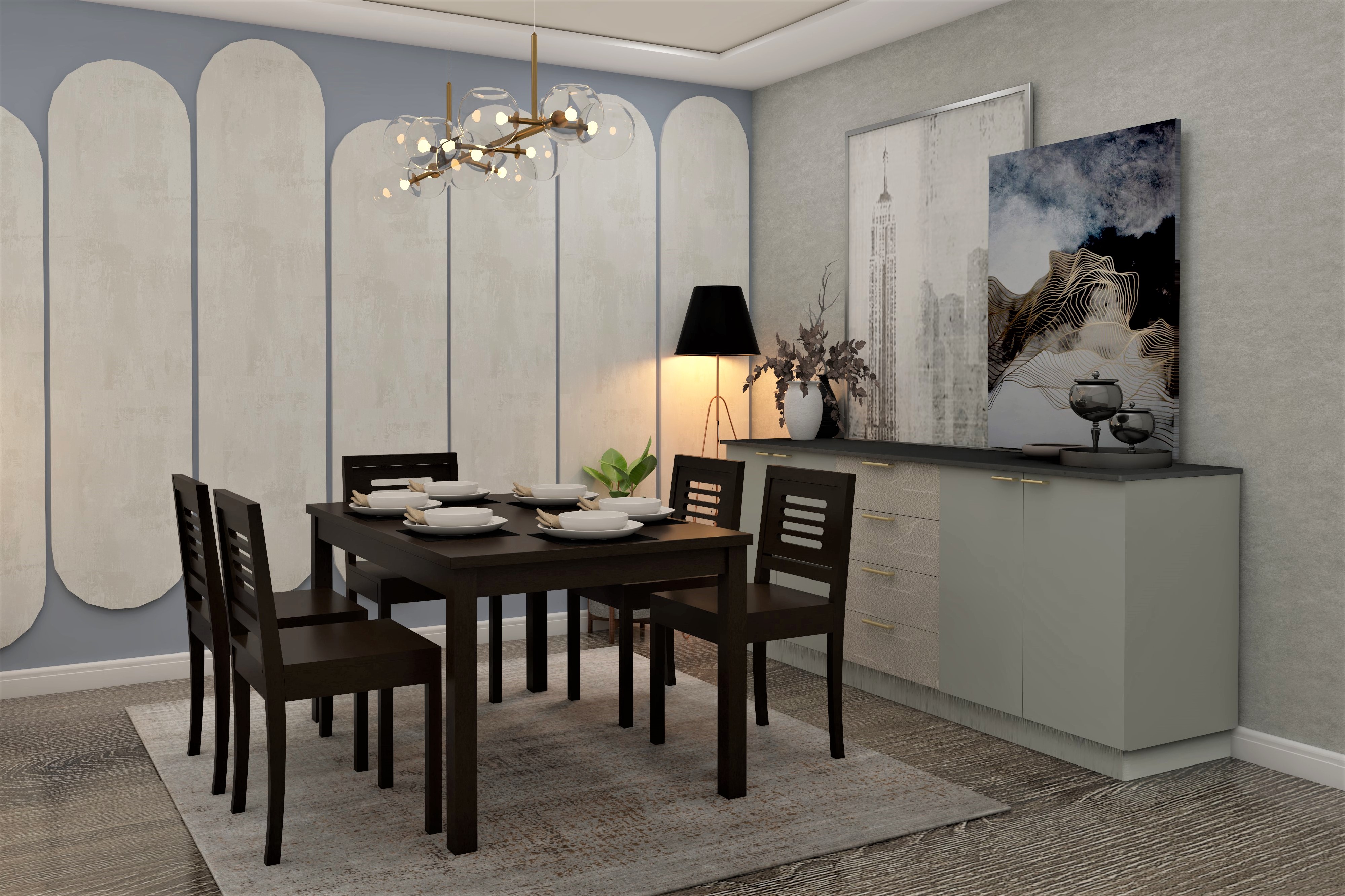 Wooden dining room with grey crockery unit-Beautiful Homes