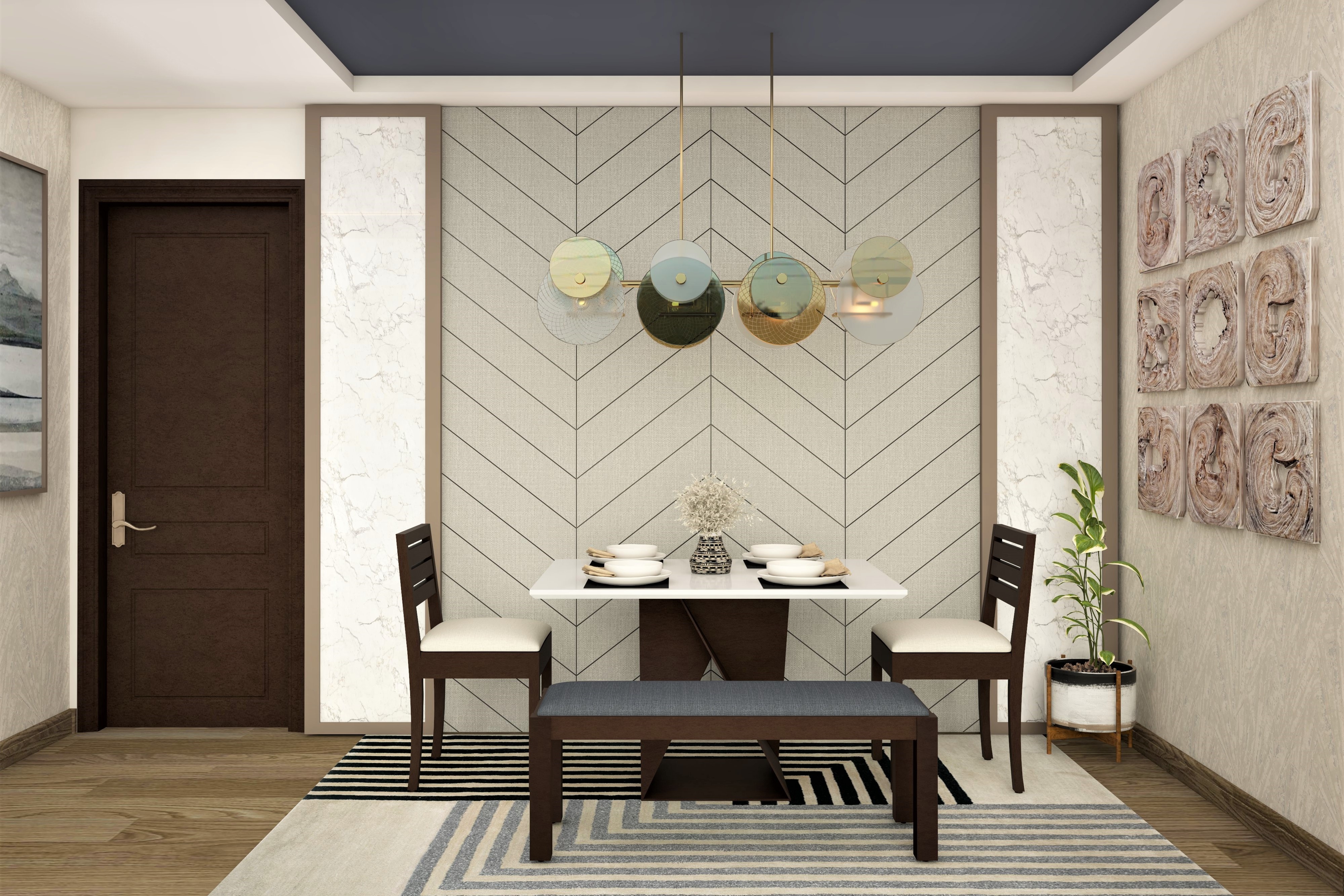 Dining room with wooden wall diining table and bench-Beautiful Homes