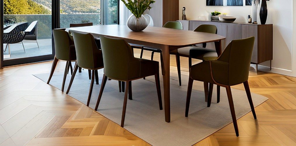 Dining room design with wooden flooring and carpet-Beautiful Homes