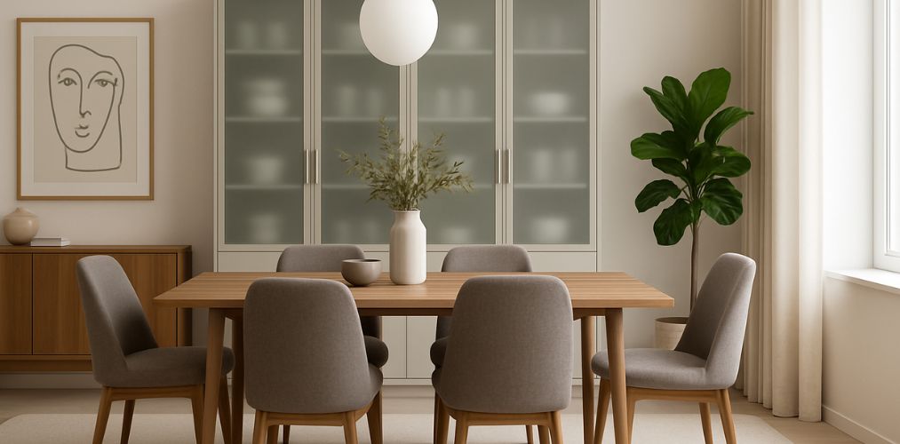 Dining area with wooden table and grey chairs - Beautiful Homes
