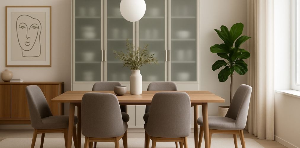 Dining area with wooden table and grey chairs - Beautiful Homes