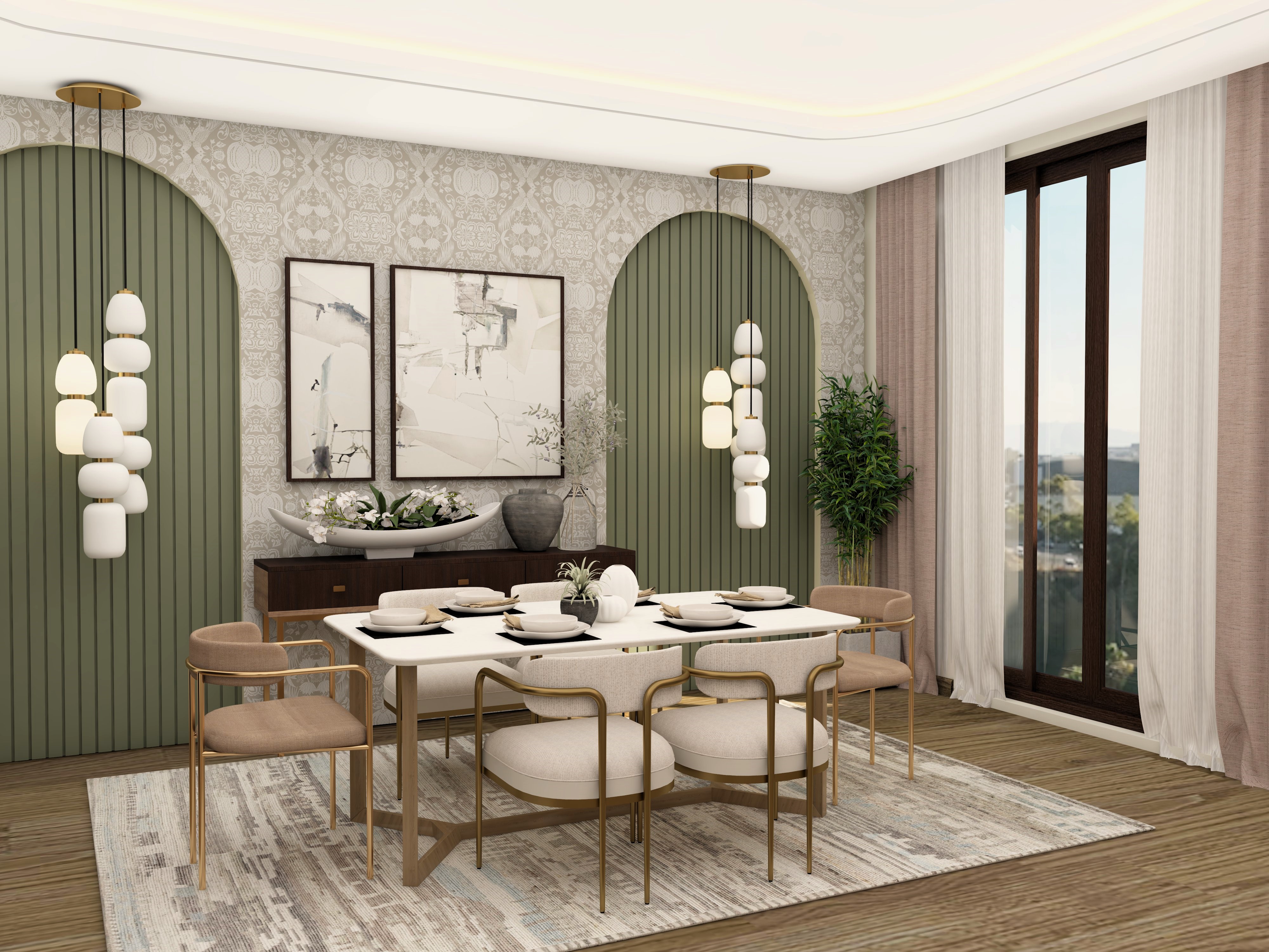 Dining room wall with wallpaper and olive green fluted paneling-Beautiful Homes