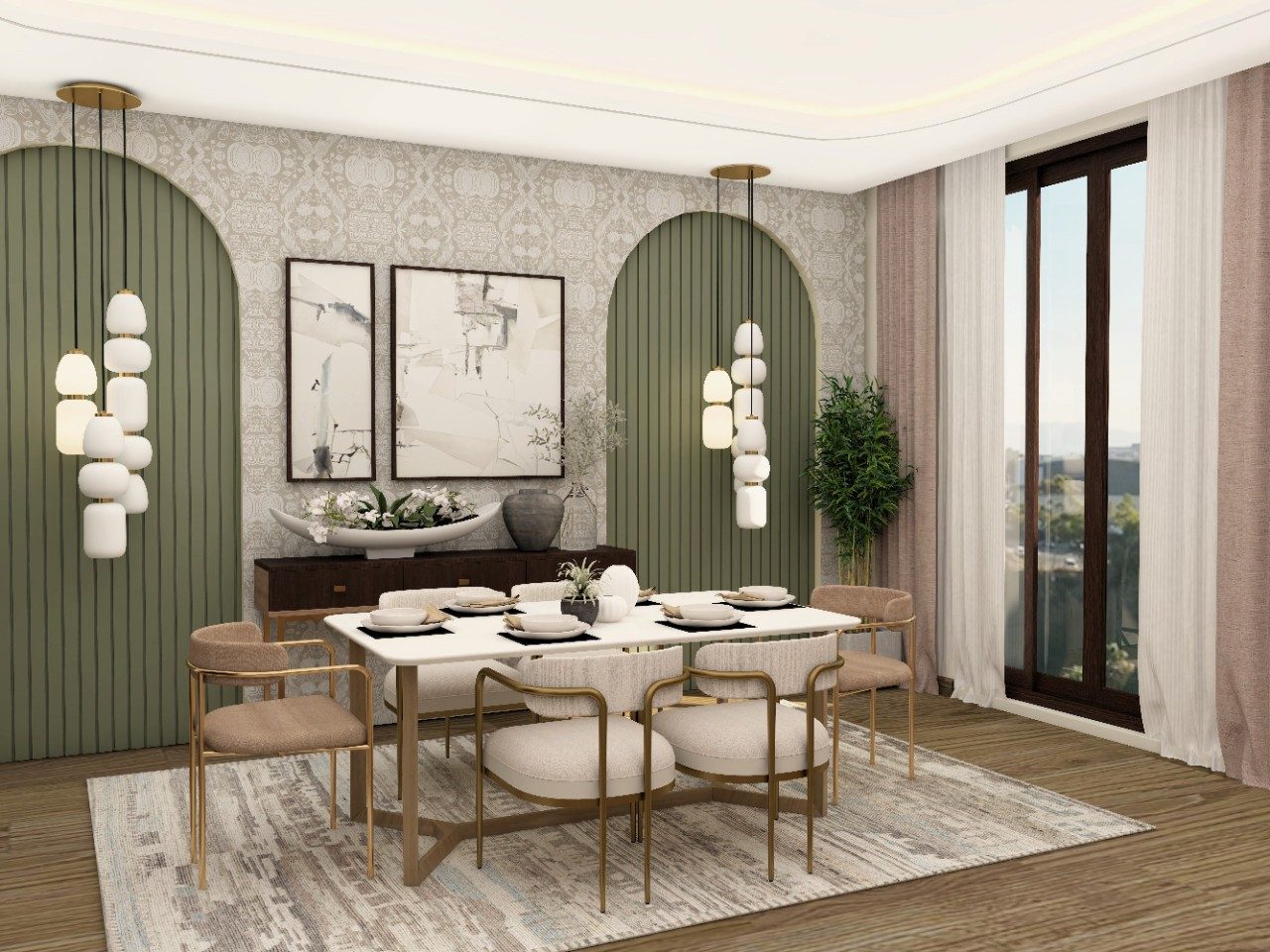 Dining room wall with wallpaper and olive green fluted paneling-Beautiful Homes