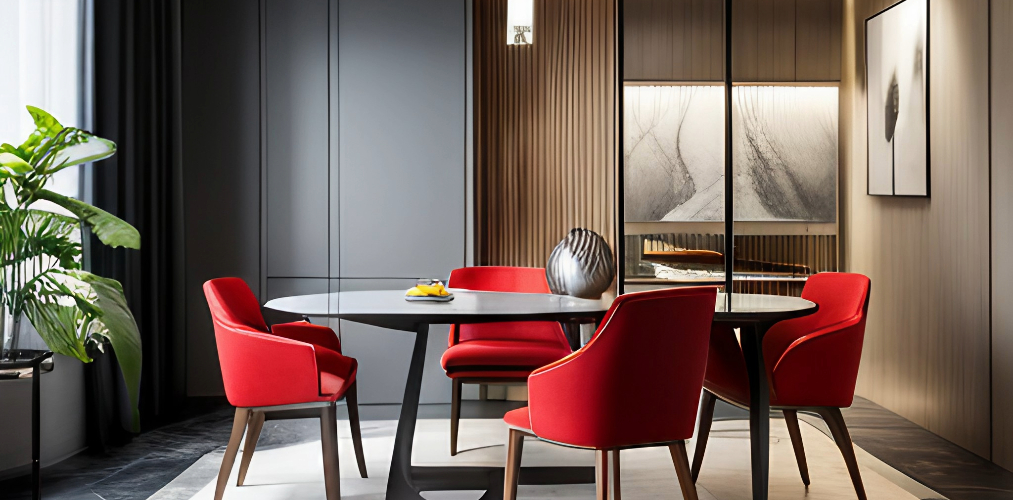 Dining room with 4-seater dining table and red chairs-Beautiful Homes