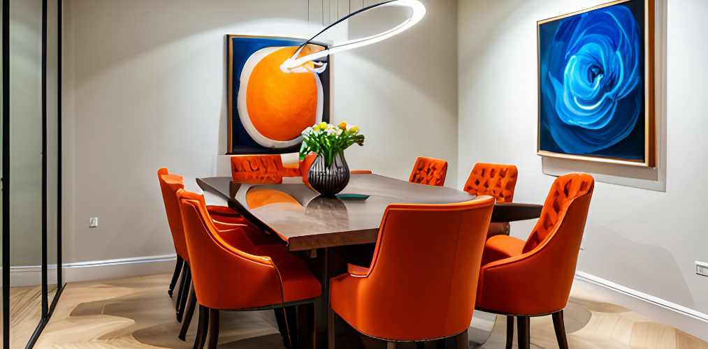 8-seater wooden dining table with orange chairs-Beautiful Homes