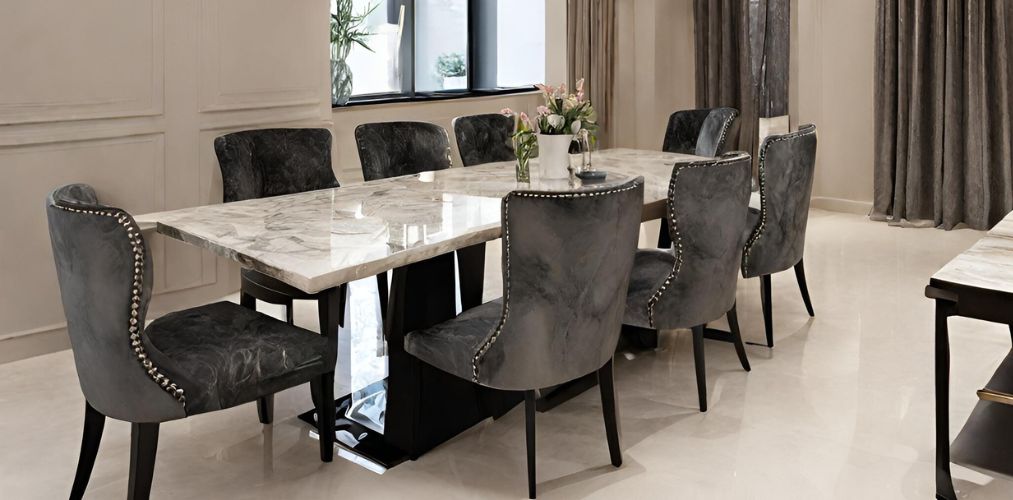 Dining room with 8-seater marble dining table set - Beautiful Homes