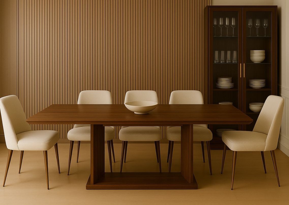 Wooden dining table with beige chairs and cabinet - Beautiful Homes