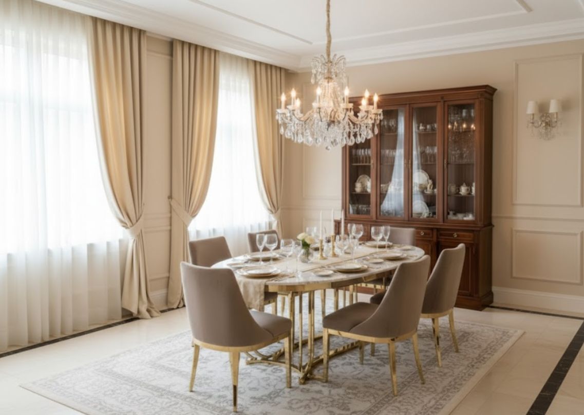 Luxurious dining room with marble table and chandelier - Beautiful Homes