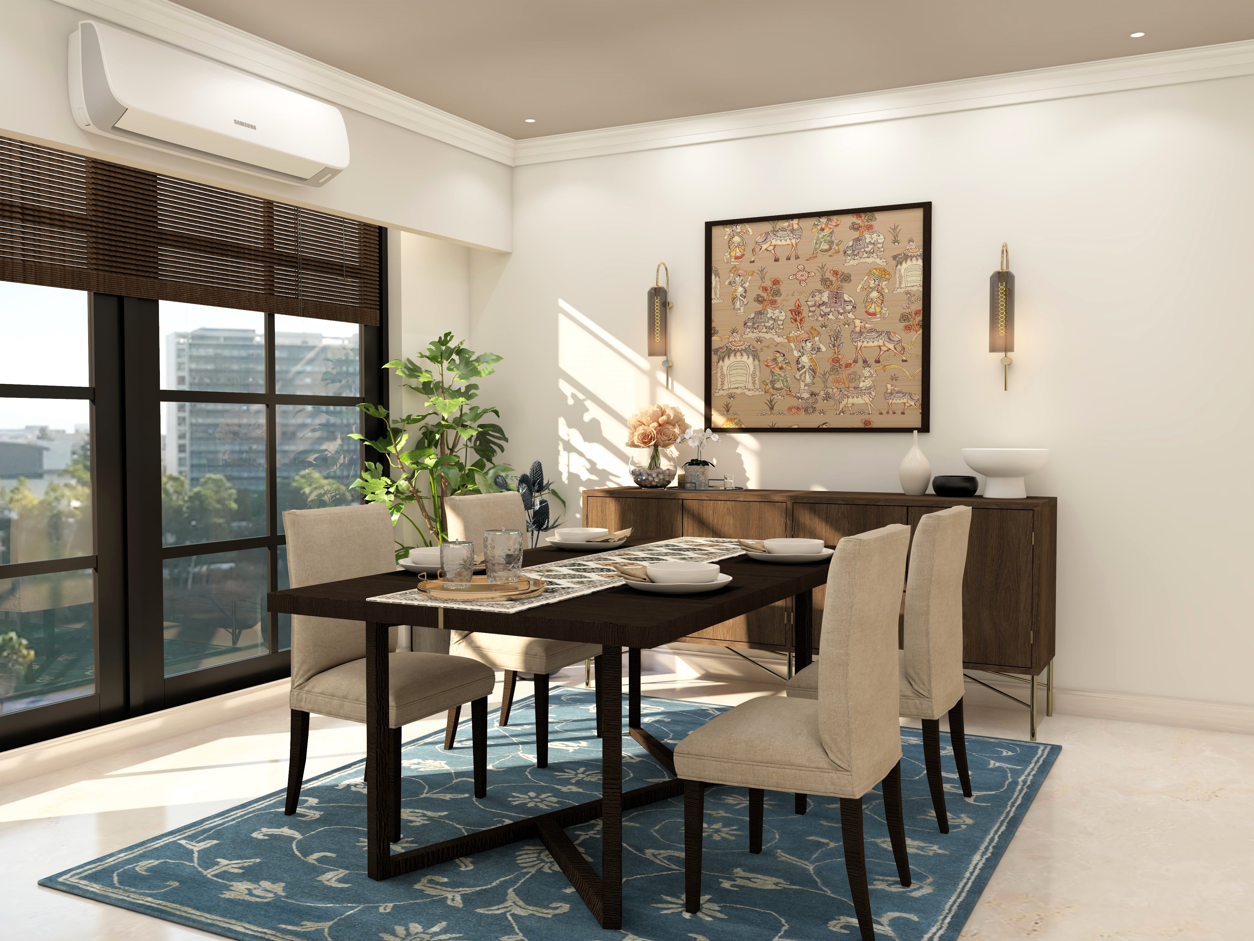 Dining room with beige chairs and blue carpet-Beautiful Homes