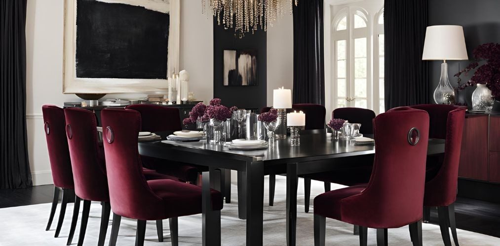 Dining room with black dining table and maroon velvet upholstered chairs - Beautiful Homes