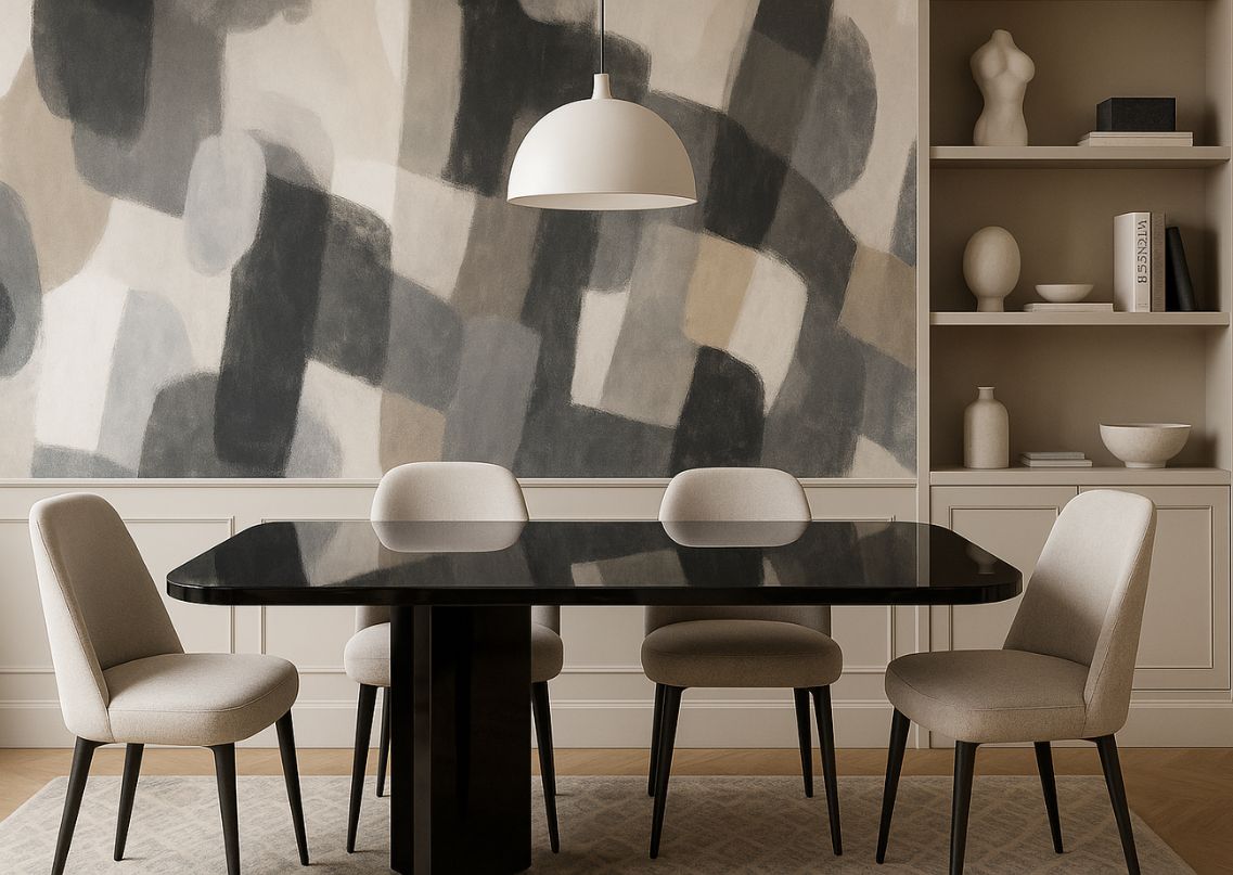 Dining room with black table and beige chairs - Beautiful Homes